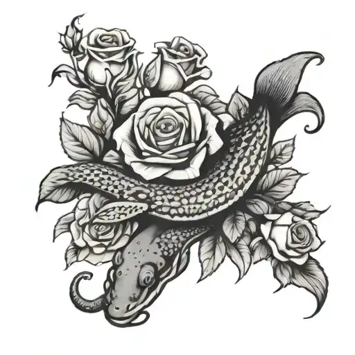 Moray Eel And Roses Intertwined With Focus On Eel Simple Realistic No Scales Black And White