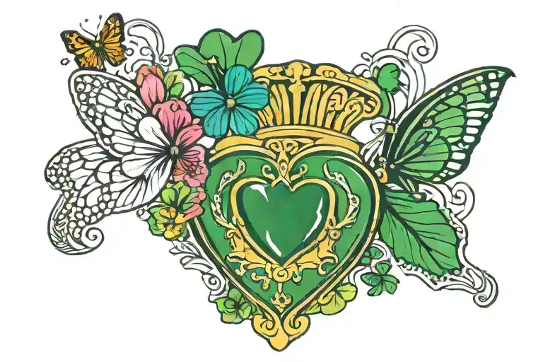 Claddagh With Shamrock Surrounded By Colorful Butterflies