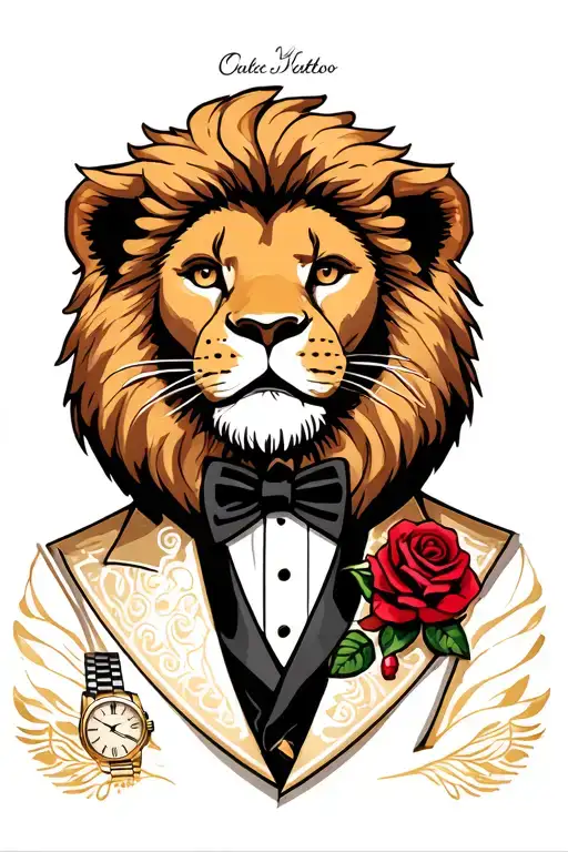 Lion Wearing A Tuxedo With Rose In Lapel And Rolex Watch