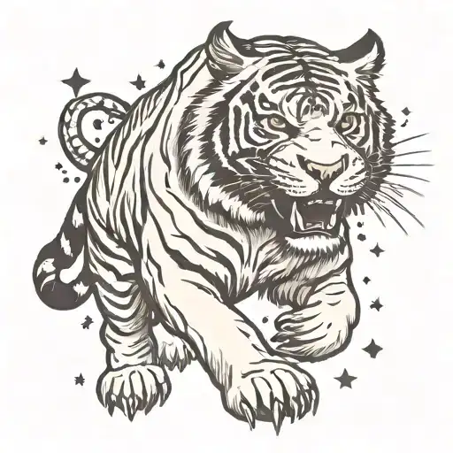 Angry White Tiger Jumping Depicted As A Constellation