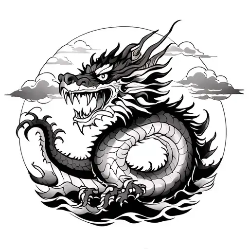 Asian Scary Dragon With Japanese Clouds Surrounding