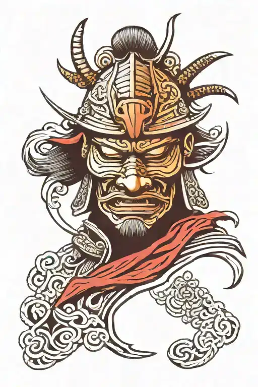 Samurai Mask Contour Drawing Black White