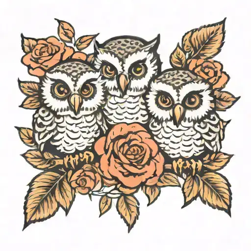 3 Baby Owls And Roses Blooming