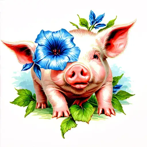 Baby Pig With A Blue Morning Glory Flower