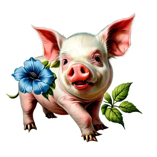 Baby Pig With Blue Morning Glory Flower