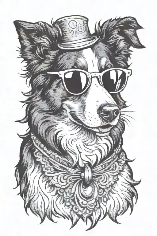 Border Collie Dog Wearing Sunglasses Portrait American Traditional