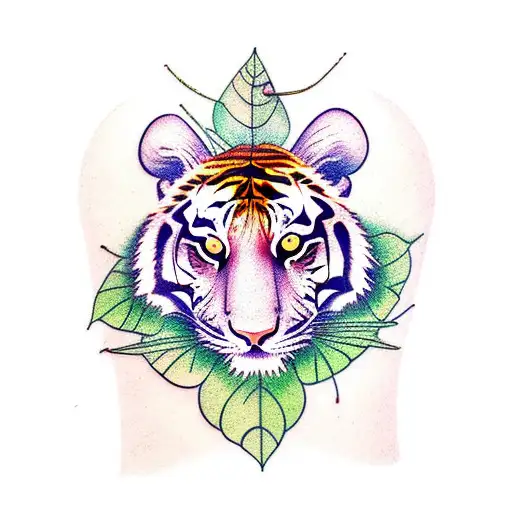 A Tiger And A Leaf With Hot Colors