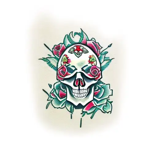 Skull With Knife And Roses