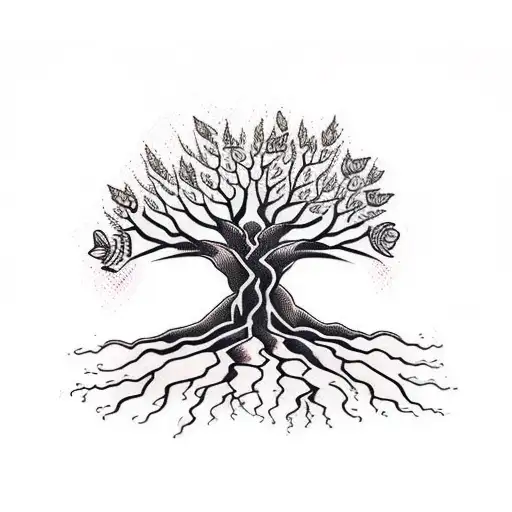 Tree With Roots And 3 Birds