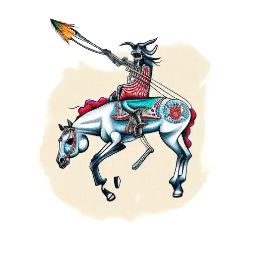 Horse Wearing A Poncho With A Skeleton Riding It