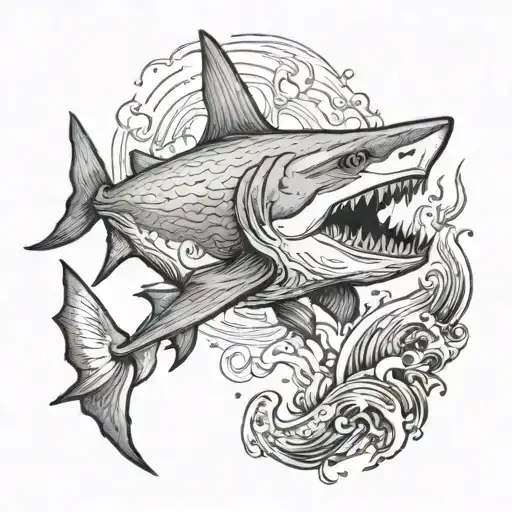A Black And Grey Portrait Of A Shark Transforming Into A Surrealistic Underwater Landscape
