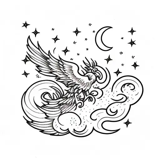 Phoenix Flying Up Towards Bright Shining Full Moon