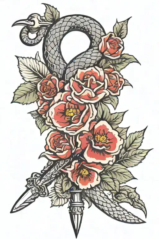 Snake And Dagger With Flowers Color Red