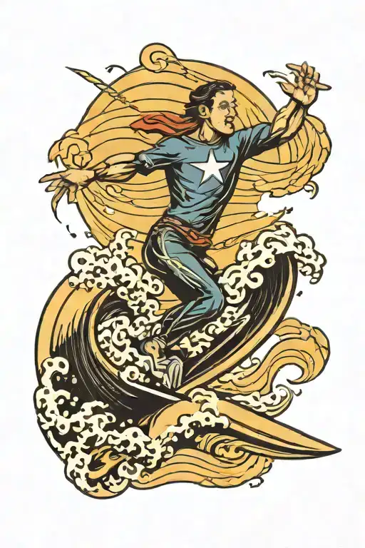Miniature Man Surfing A Large Wave In A Storm With Lightning With Anchor And Planets For Upper Arm