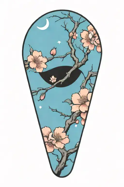 Sakura Branch With Flowers With Moon Offset In Background