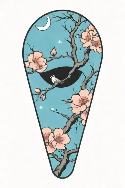 Sakura Branch With Flowers With Moon Offset In Background