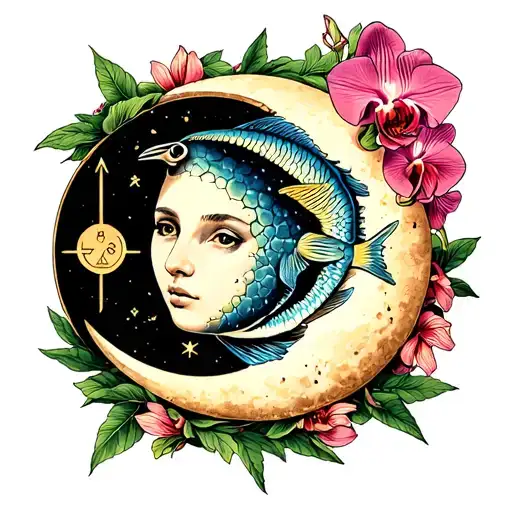 Moon Surrounded By Orchids And Horoscope Pisces Fish