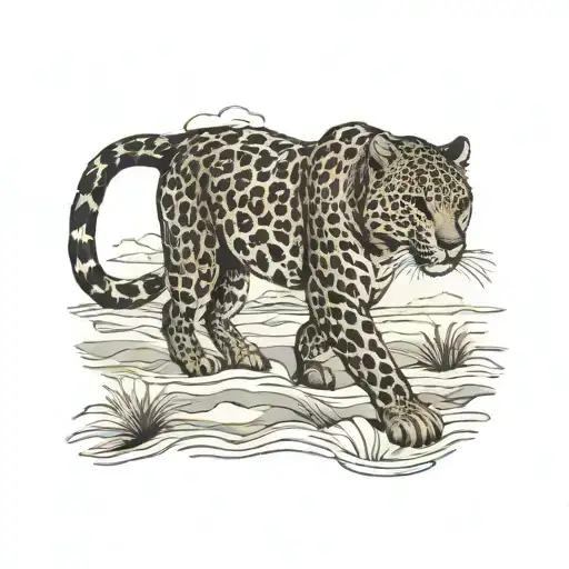 A Blackwork Tattoo Of A Fierce Leopard Walking Through A Serene Beach Scenery