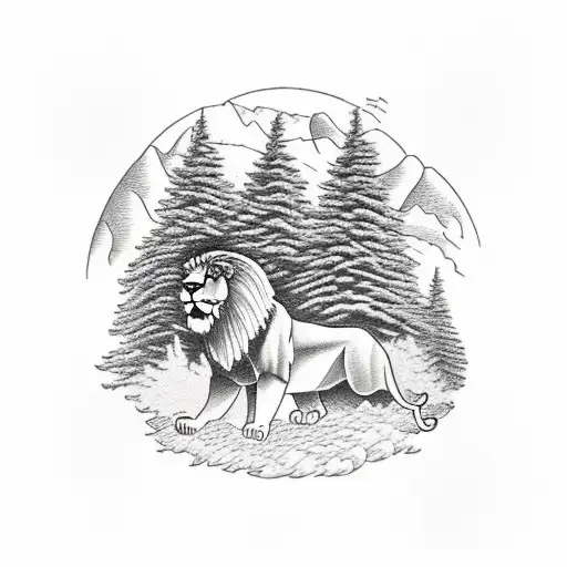 Juniper Tree With A Male Lion In Branches With Sierra Nevada Mountains In The Backgroundn