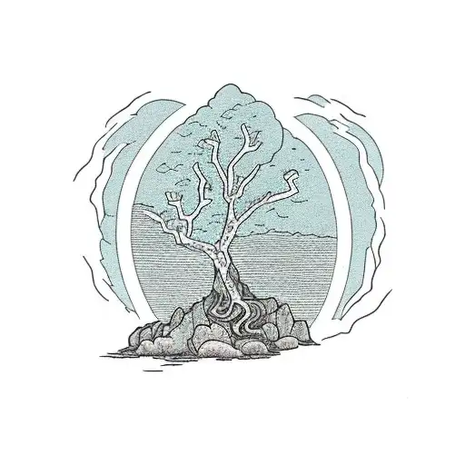 Tree On A Rocky Cliff With A Raging Strom