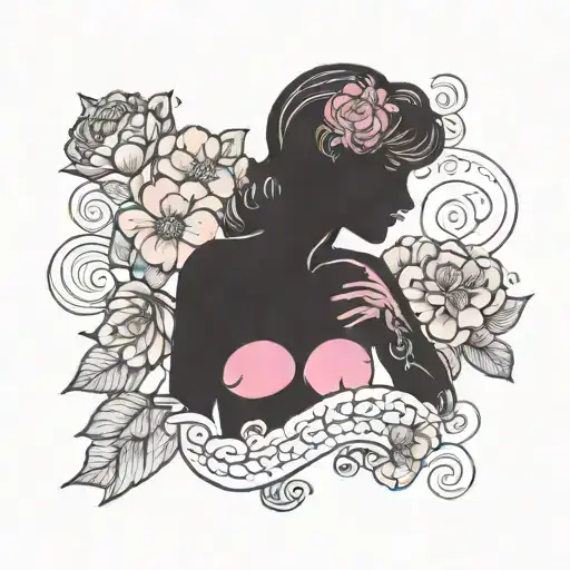 Breast Cancer And Silhouette Of Woman Touching Her Chest And Flowers