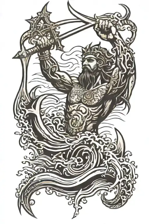 Posideon Trident Coming Out Of Ocean With His Hand Grabbing It