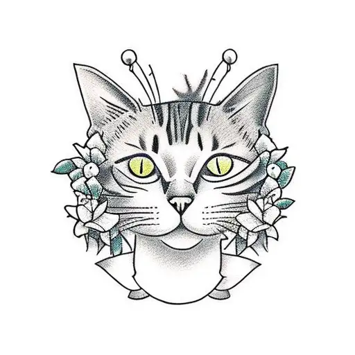 Cat Body Sillouette With Flowers