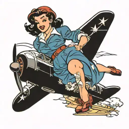 Pinup Girl Riding Airplane Flying