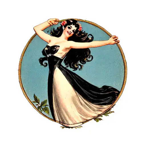 1930 Vintage Pinup Dark Long Hair Black Calf Length Dress Standing Arms Up