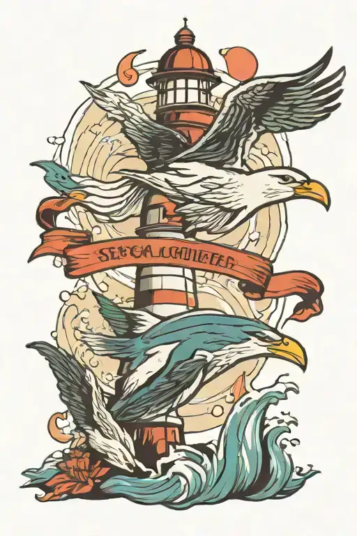 Sea Lighthouse Seagull Flying Dolphin