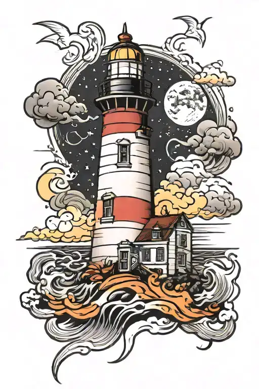Storm Lighthouse Towards The Moon