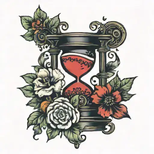 Black Hour Glass With Red Sand And Black And Gold Flowers