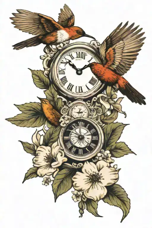 Dogwood Flowers With Hummingbird And Clock With Eagle And Deer