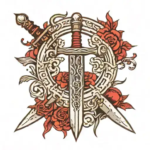 Create A Worn Sword-themed Tattoo Idea In Red And Black Colors