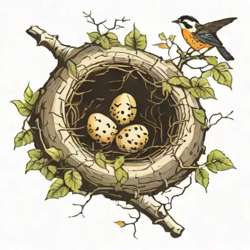 Birch Tree With A Birds Nest In It And Stones At The Base