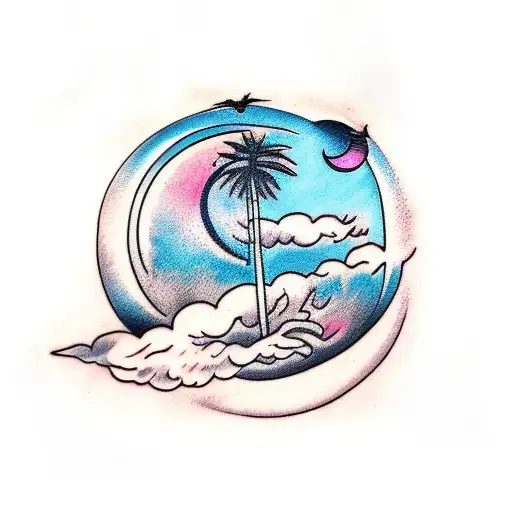 Straight Palm Tree With A Moon On Top And 3 Bats Around It