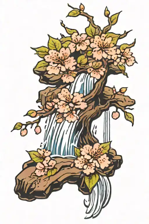 Cherry Blossom Tree With A Waterfall Cascading