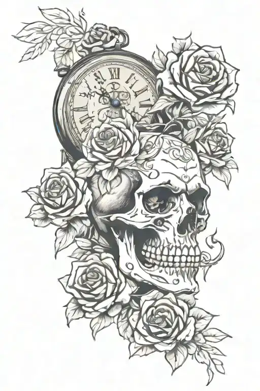 Skull And Roses Growing In A Lion's Face And An Ancient Clock