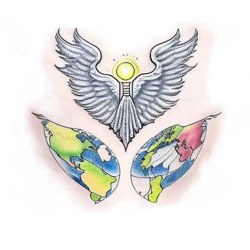 Angel Wings With World Map And Writeing Memento Audere Semper