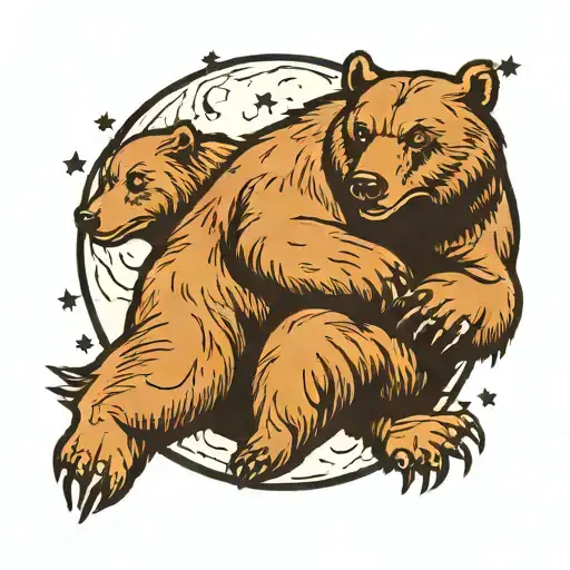 Father Bear Protecting Bear Cub With Large Moon In The Sky