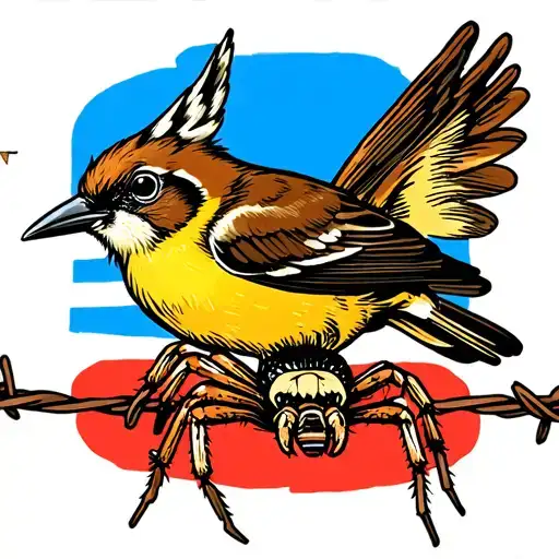Bird On Barbed Wire Eating A Spider