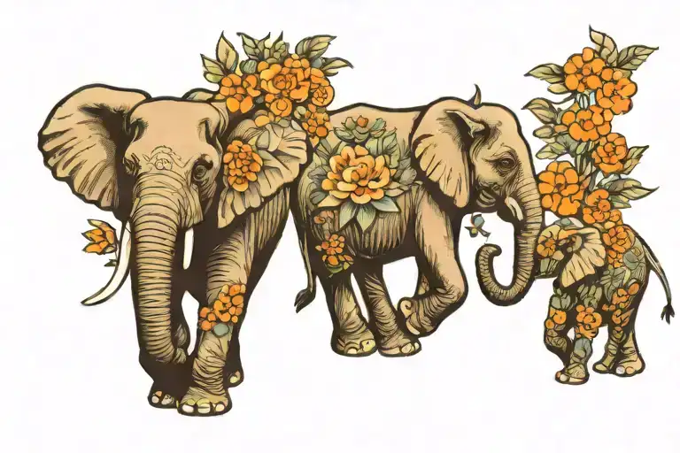 Elephant Family Of 3 Walking On Road Of Blooming Flowers