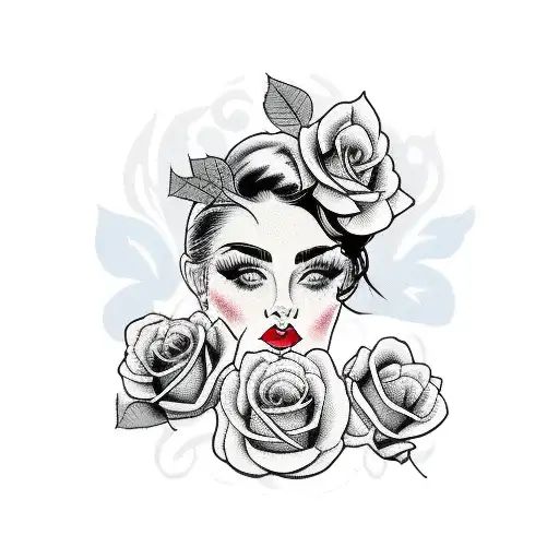 Woman Portrait With Roses And Falling Leaves