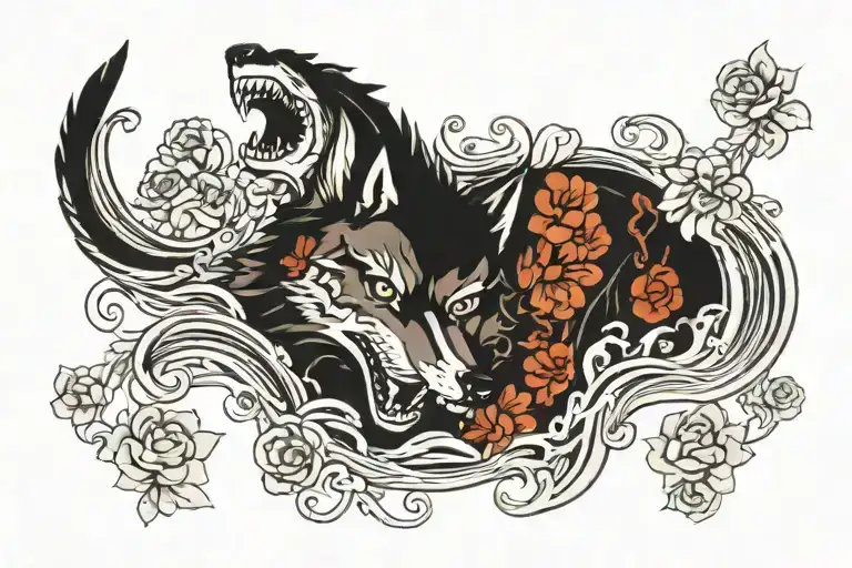 Half Skeletonised Wolve With Waves Of Water And Flowers