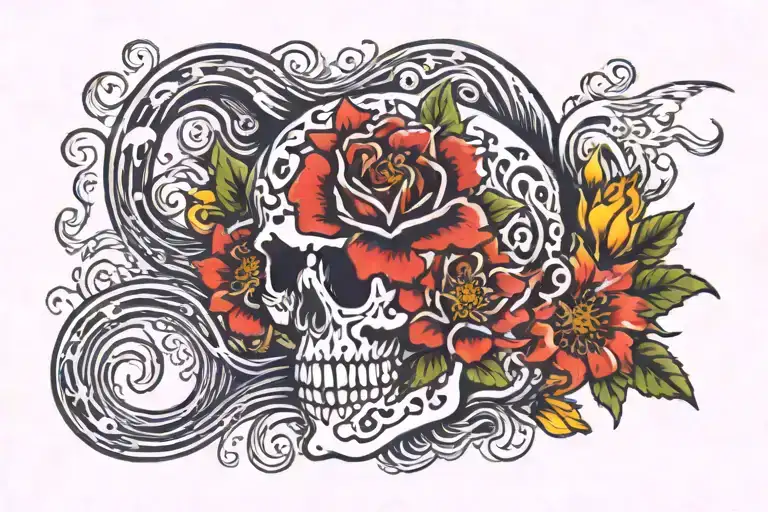 Half Skeletonised Hamerhead Sharl With Waves Of Water And Flowers