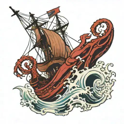 A Traditional Style Tattoo Of A Kraken Attacking A Ship In The Ocean