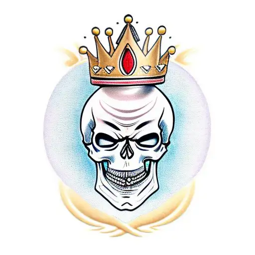 Realistic Smiling Skull With Angry Eyes And A Golden Crown Which Is Tilted Right On Its Head