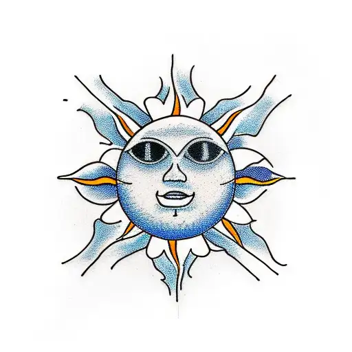 A Sun Over Water With A Bottle Of Alcohol And A Tattoo Machine