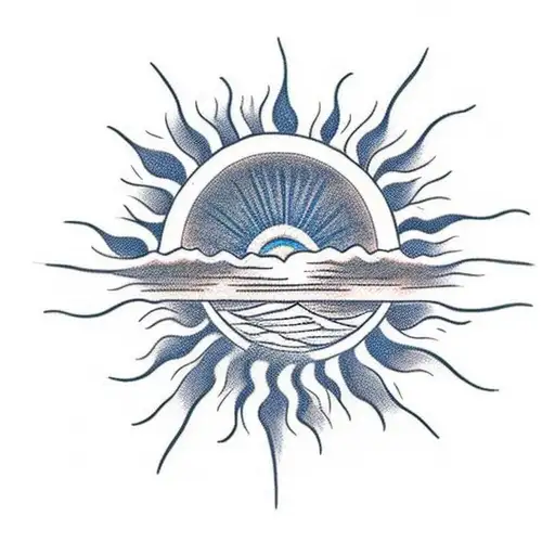 A Sun Setting Over Water With A Bottle Of Alcohol And A Tattoo Machine