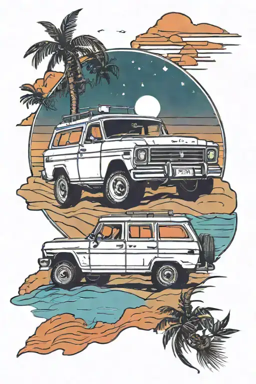 White Suv On The Beach Looking At The Distance At The Sunset With A Shooting Star In The Sky